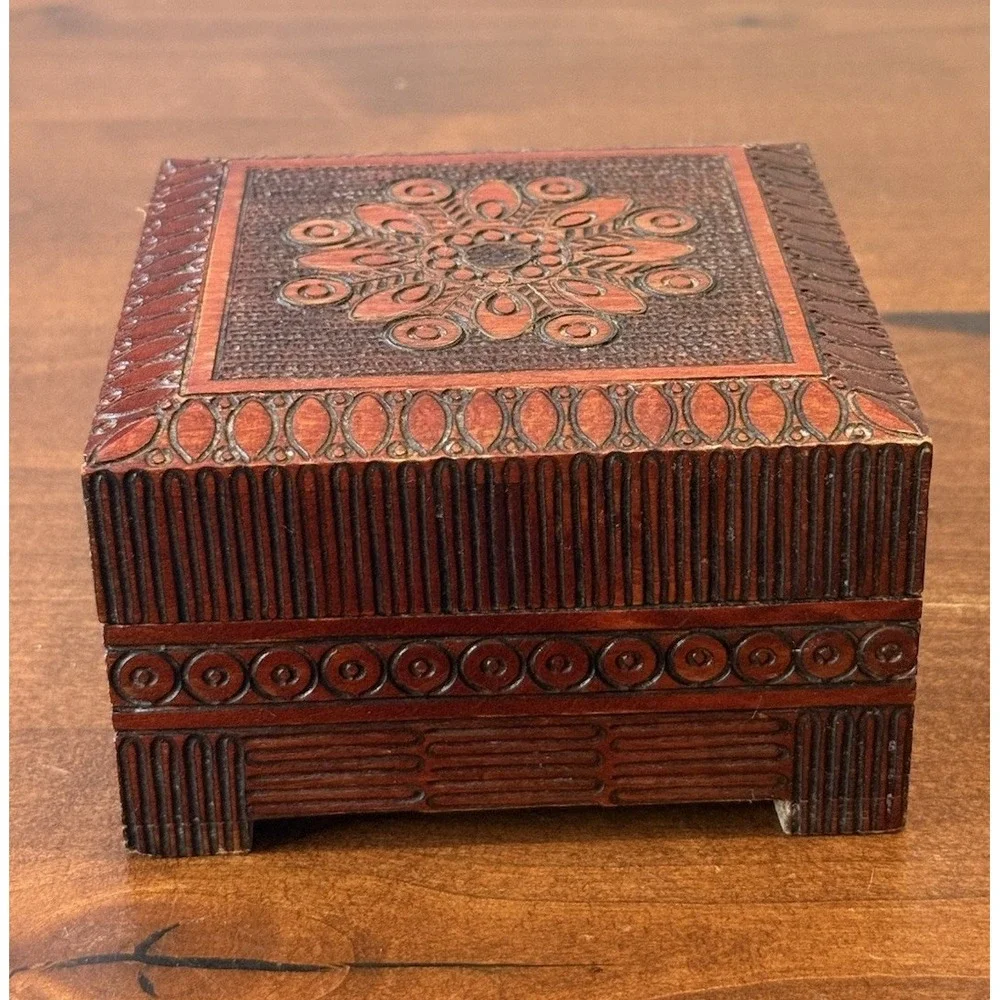 Vintage Hand-Carved Wooden Trinket/ Jewelry Box - Made in Poland